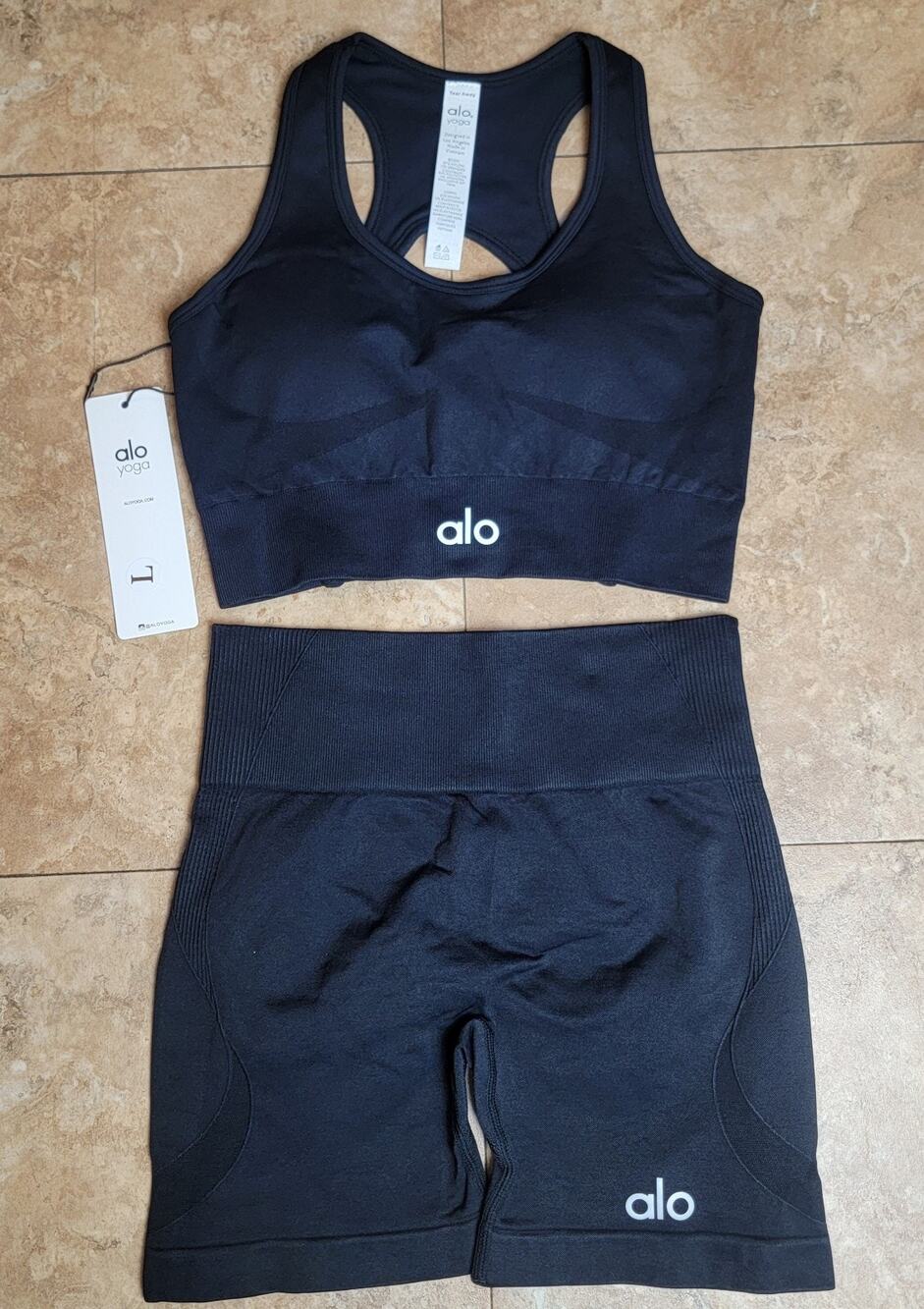 ALO Yoga Sz L Racerback Sport Bra Biker Shorts Black Athletic Activewear Gym Set